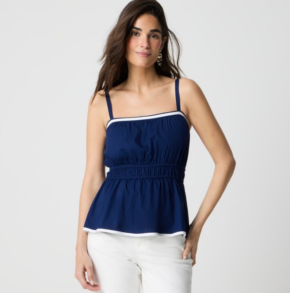 J.Crew Strappy Shirred Top WMNS 2 Navy White Trim Smocked Waist Adjustable Strap